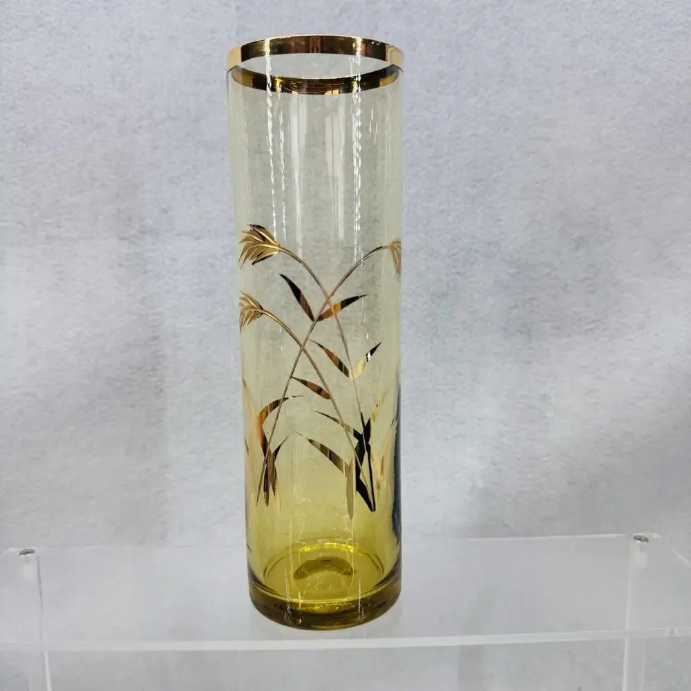 EUC Vintage MCM Golden Wheat Harvest Glass Vase 8” Tall Gold Rim